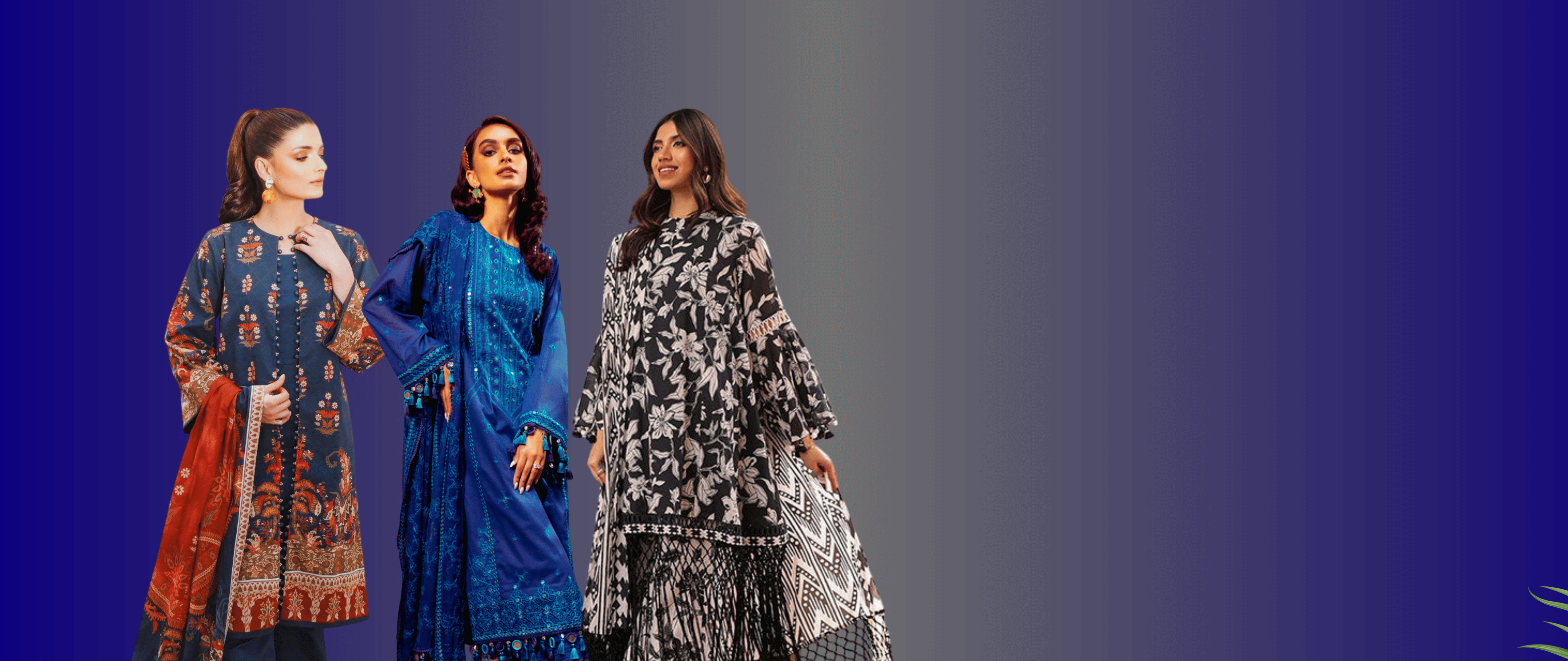 Three women wearing traditional outfits against a gradient blue background